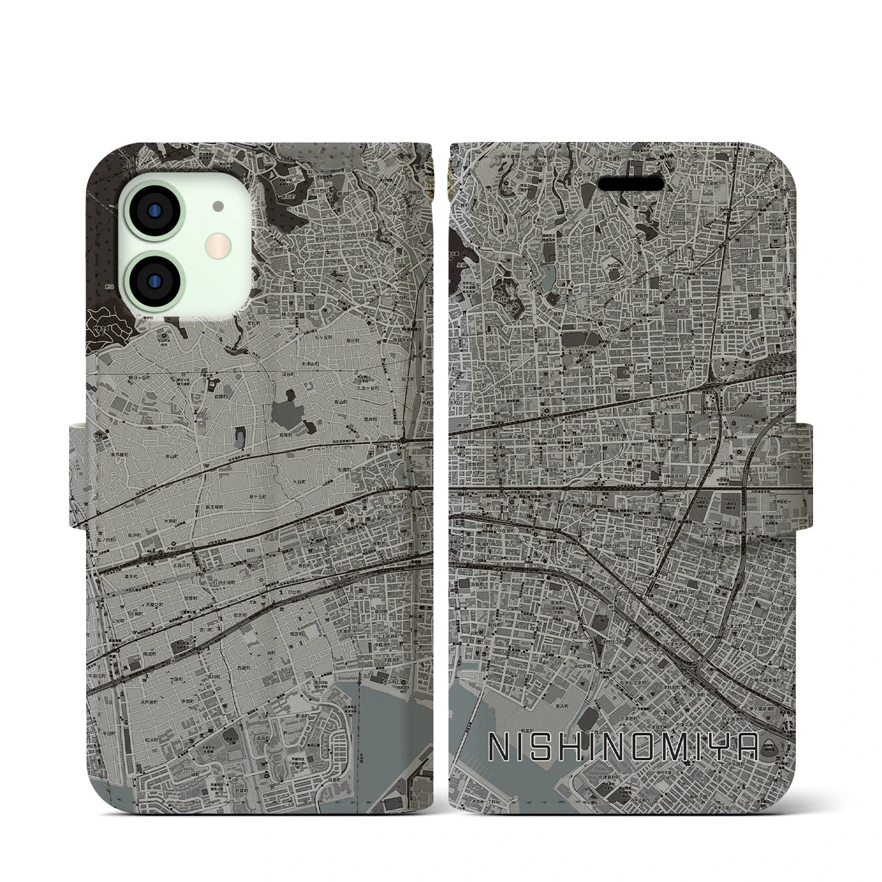【西宮(兵庫県)】地図柄iPhoneケース(手帳タイプ)モノトーン・iPhone 12 mini 用