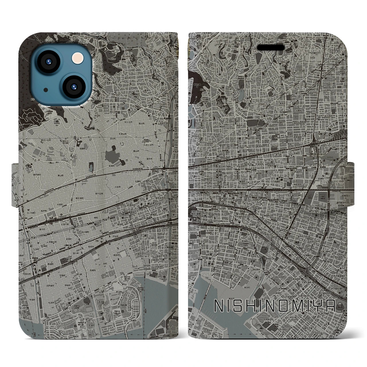 【西宮(兵庫県)】地図柄iPhoneケース(手帳タイプ)モノトーン・iPhone 13 用