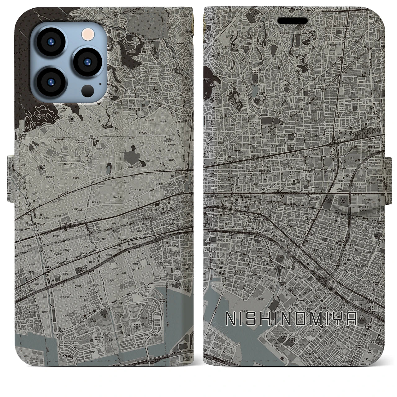 【西宮(兵庫県)】地図柄iPhoneケース(手帳タイプ)モノトーン・iPhone 13 Pro Max 用