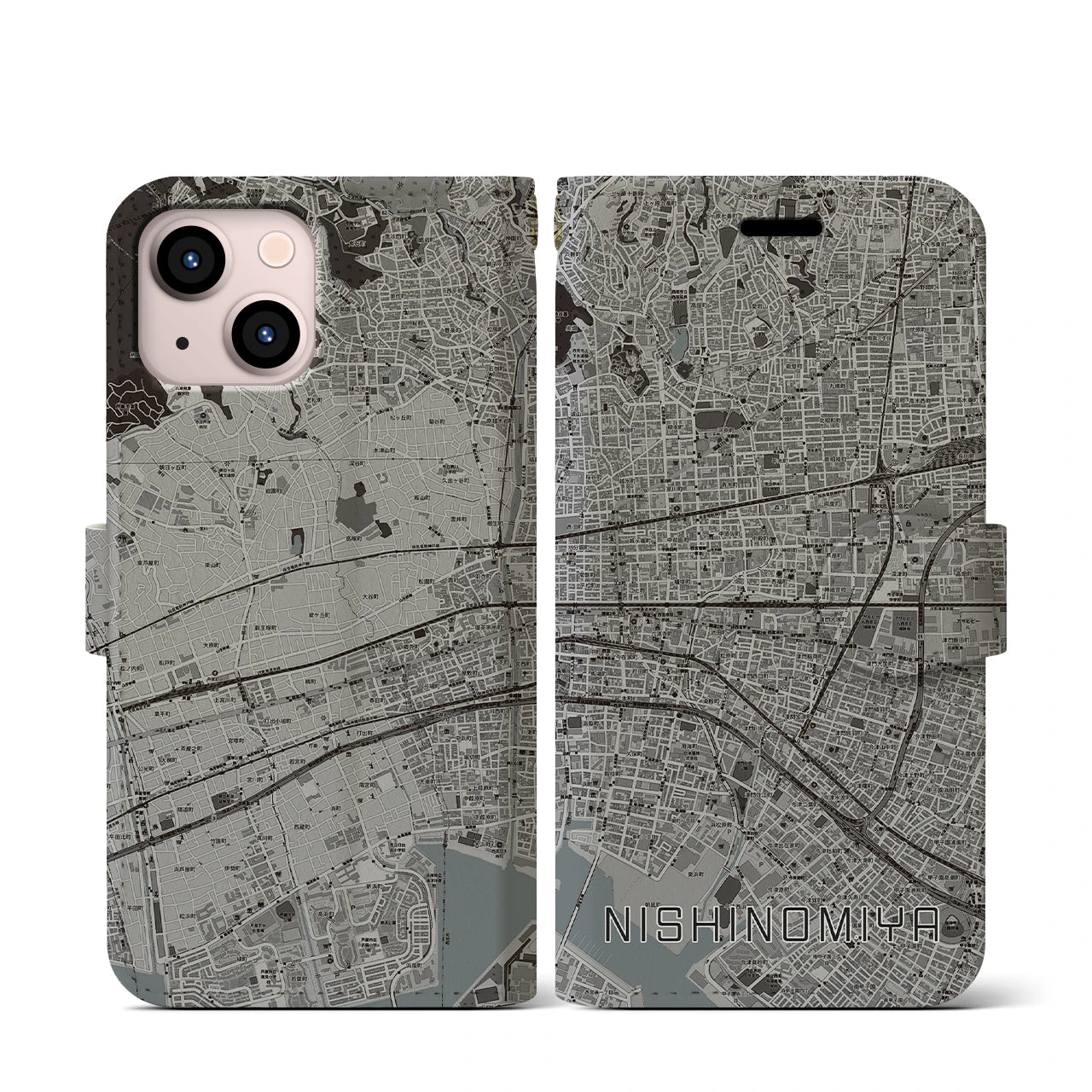 【西宮(兵庫県)】地図柄iPhoneケース(手帳タイプ)モノトーン・iPhone 13 mini 用