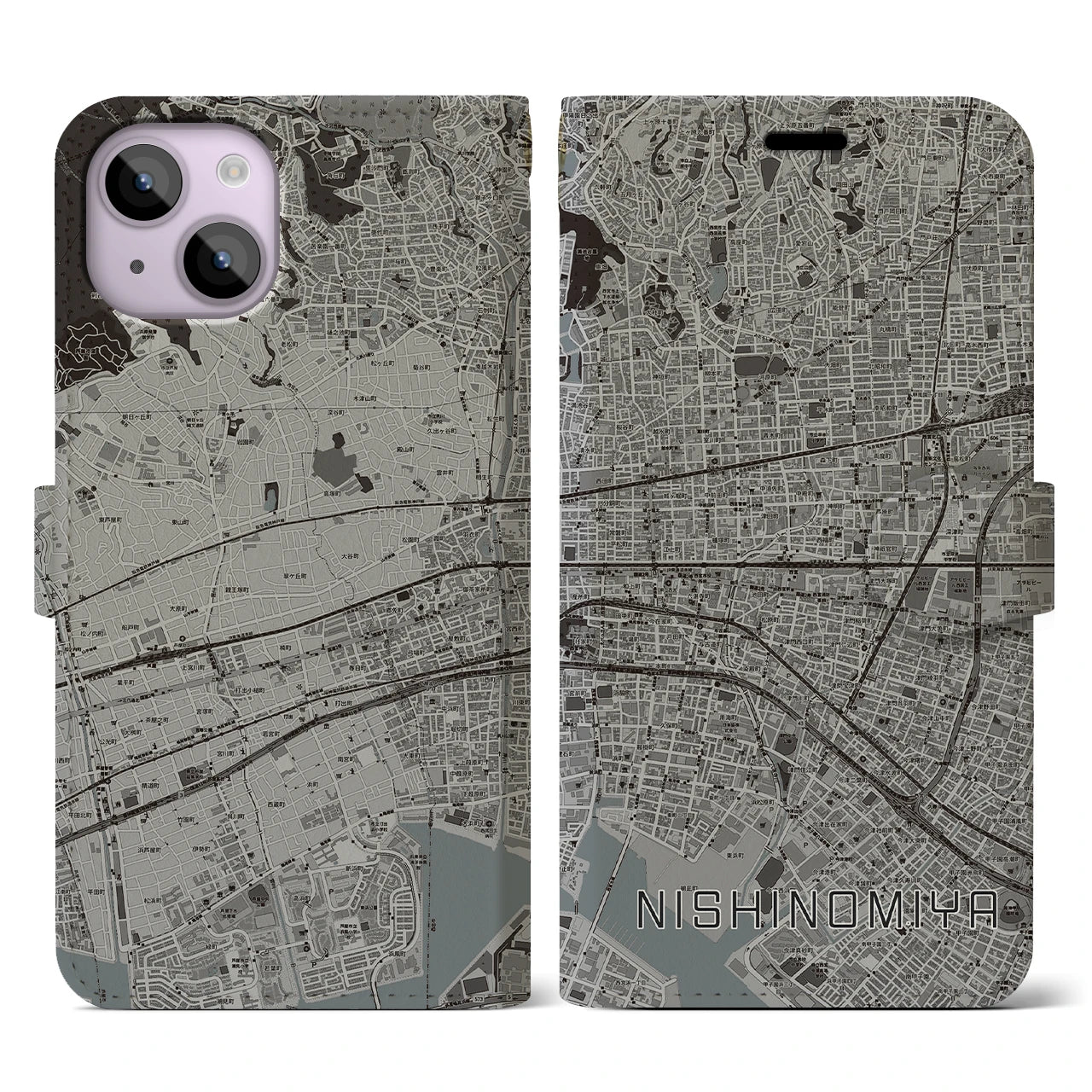 【西宮(兵庫県)】地図柄iPhoneケース(手帳タイプ)モノトーン・iPhone 14 用