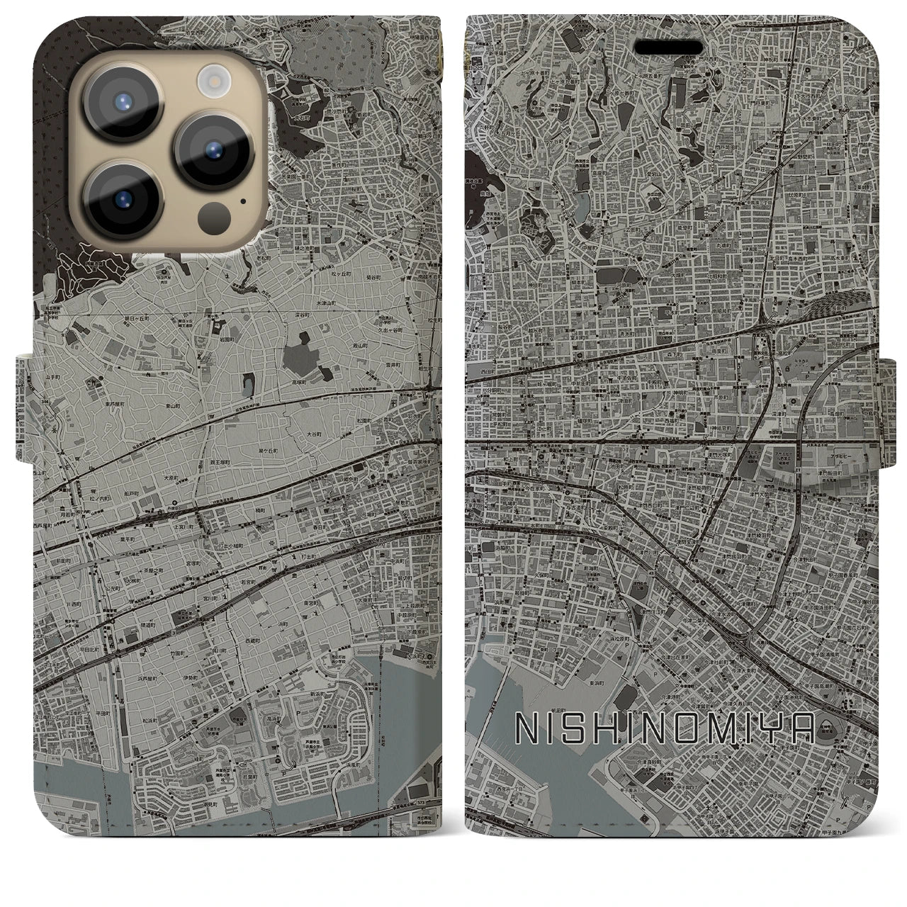 【西宮(兵庫県)】地図柄iPhoneケース(手帳タイプ)モノトーン・iPhone 14 Pro Max 用