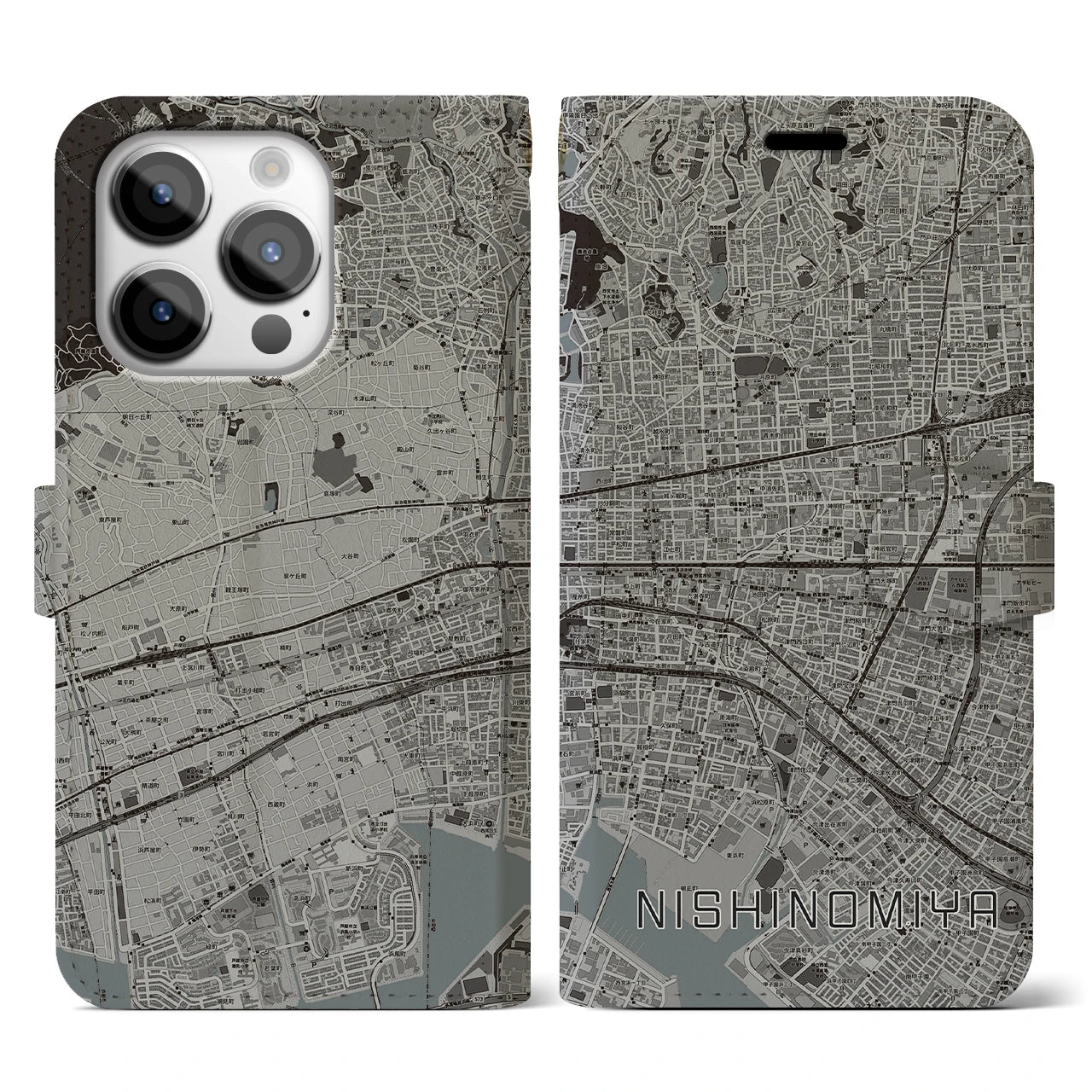 【西宮(兵庫県)】地図柄iPhoneケース(手帳タイプ)モノトーン・iPhone 14 Pro 用