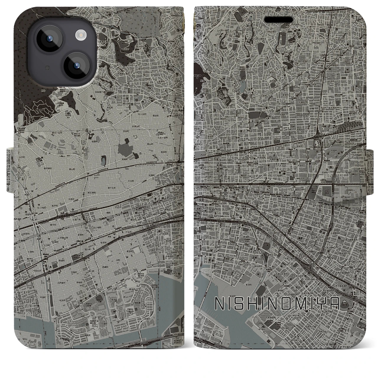 【西宮(兵庫県)】地図柄iPhoneケース(手帳タイプ)モノトーン・iPhone 14 Plus 用