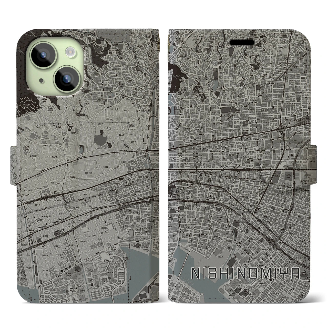 【西宮(兵庫県)】地図柄iPhoneケース(手帳タイプ)モノトーン・iPhone 15 用