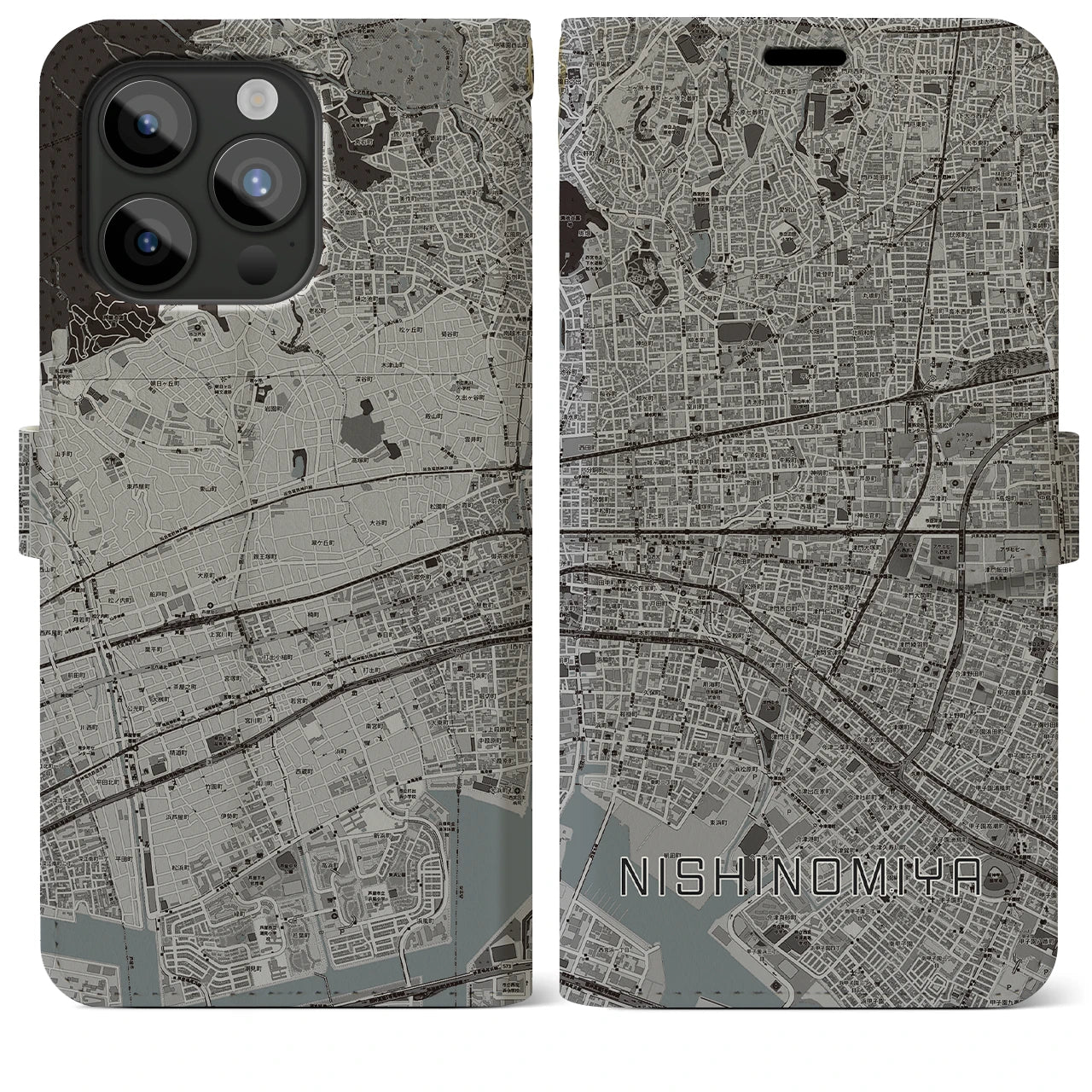 【西宮(兵庫県)】地図柄iPhoneケース(手帳タイプ)モノトーン・iPhone 15 Pro Max 用