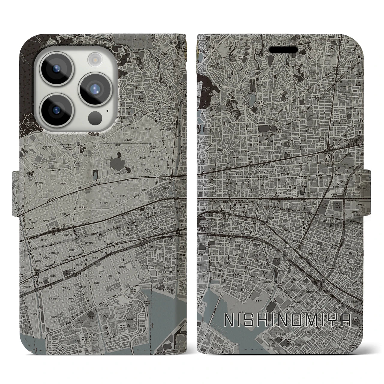 【西宮(兵庫県)】地図柄iPhoneケース(手帳タイプ)モノトーン・iPhone 15 Pro 用