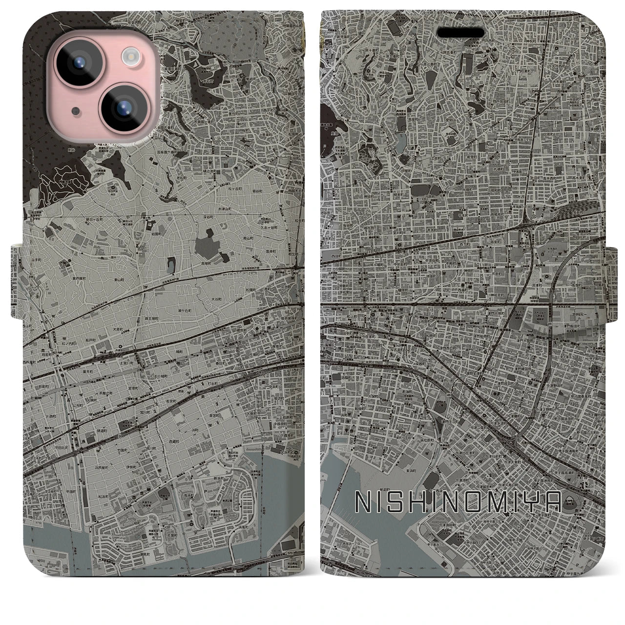 【西宮(兵庫県)】地図柄iPhoneケース(手帳タイプ)モノトーン・iPhone 15 Plus 用