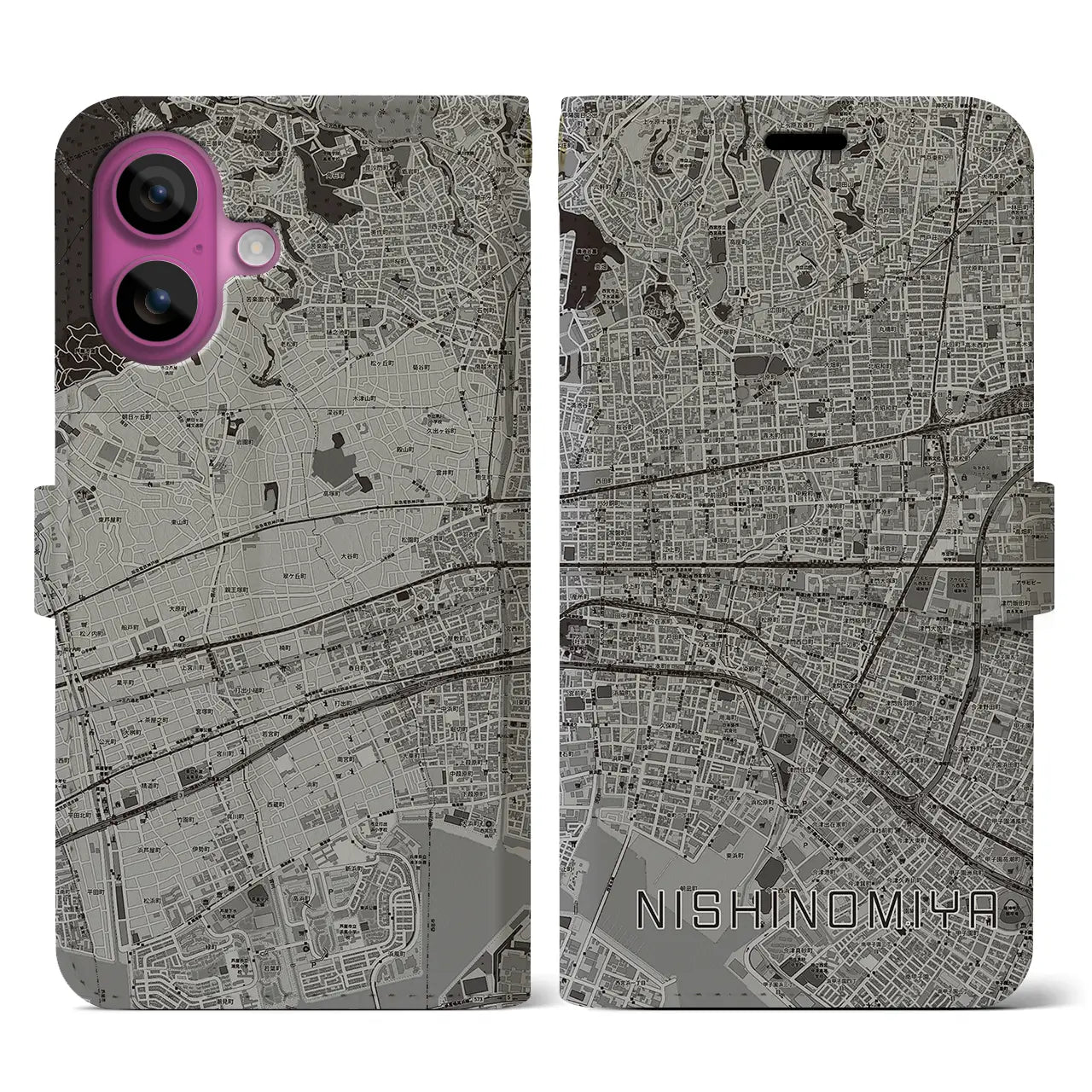 【西宮(兵庫県)】地図柄iPhoneケース(手帳タイプ)モノトーン・iPhone 16 Pro 用