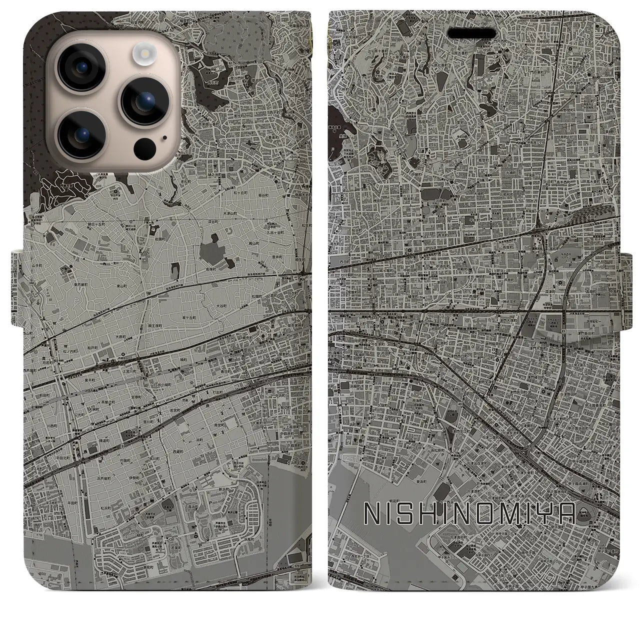 【西宮(兵庫県)】地図柄iPhoneケース(手帳タイプ)モノトーン・iPhone 16 Plus 用