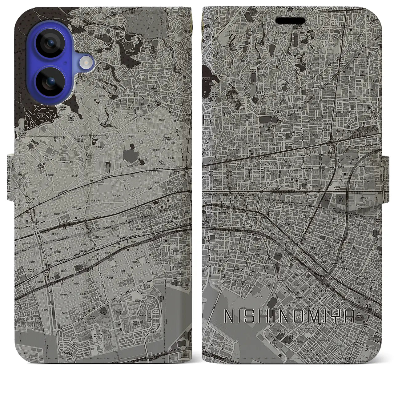 【西宮(兵庫県)】地図柄iPhoneケース(手帳タイプ)モノトーン・iPhone 16 Pro Max 用