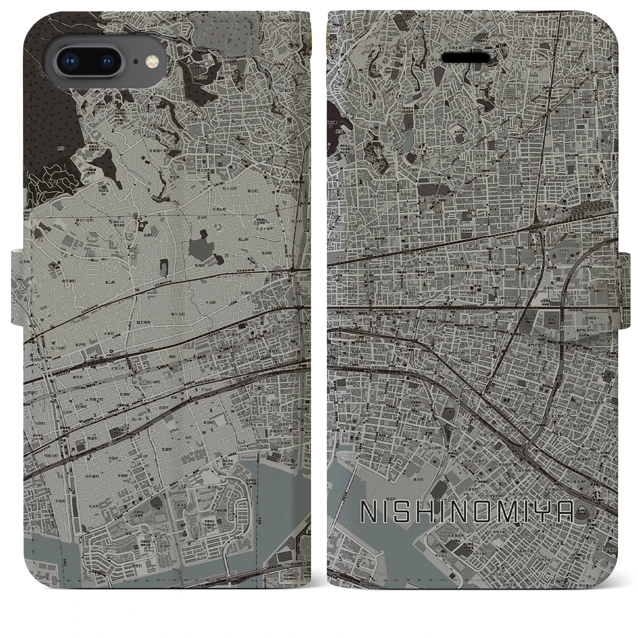 【西宮(兵庫県)】地図柄iPhoneケース(手帳タイプ)モノトーン・iPhone 8Plus /7Plus / 6sPlus / 6Plus 用