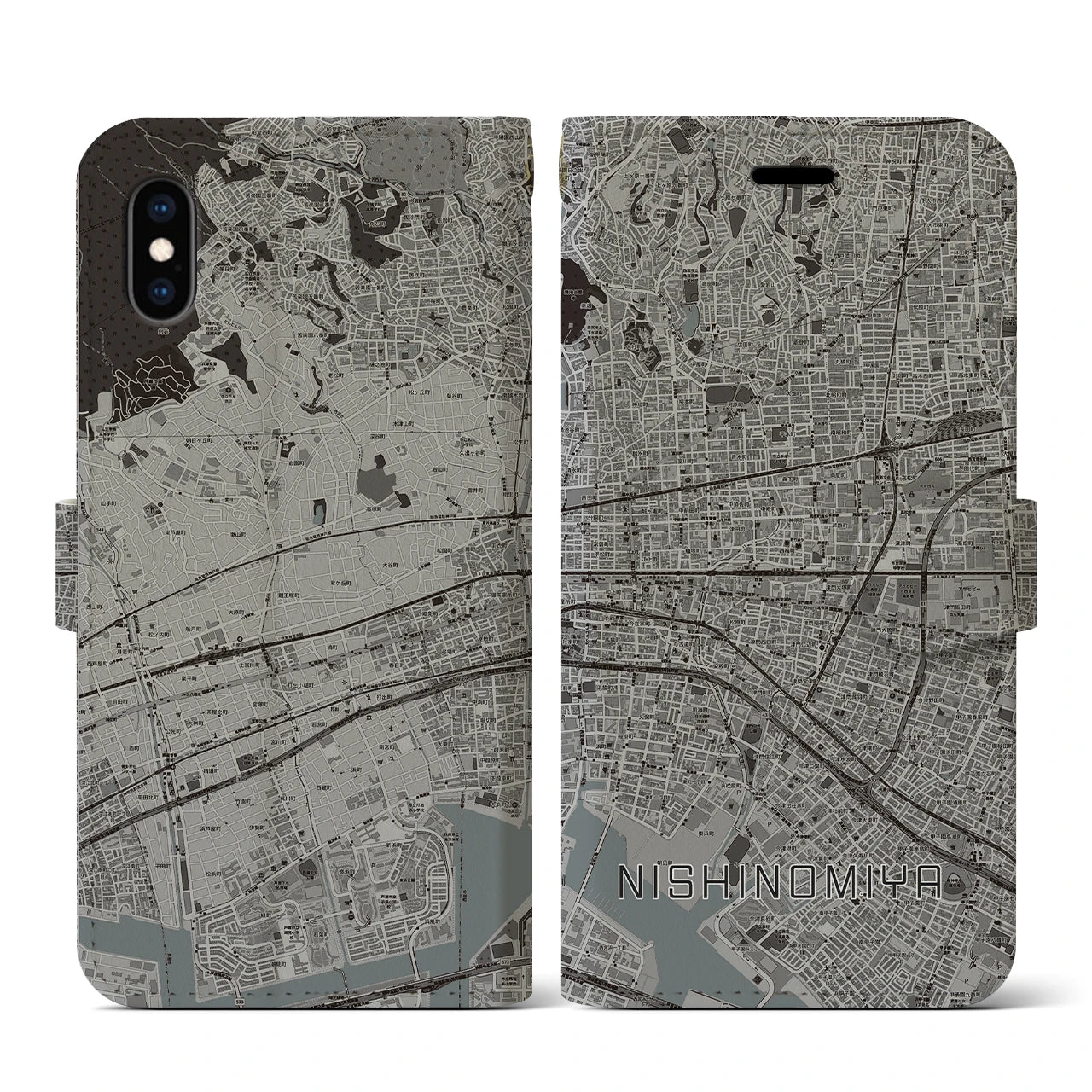 【西宮(兵庫県)】地図柄iPhoneケース(手帳タイプ)モノトーン・iPhone XS / X 用