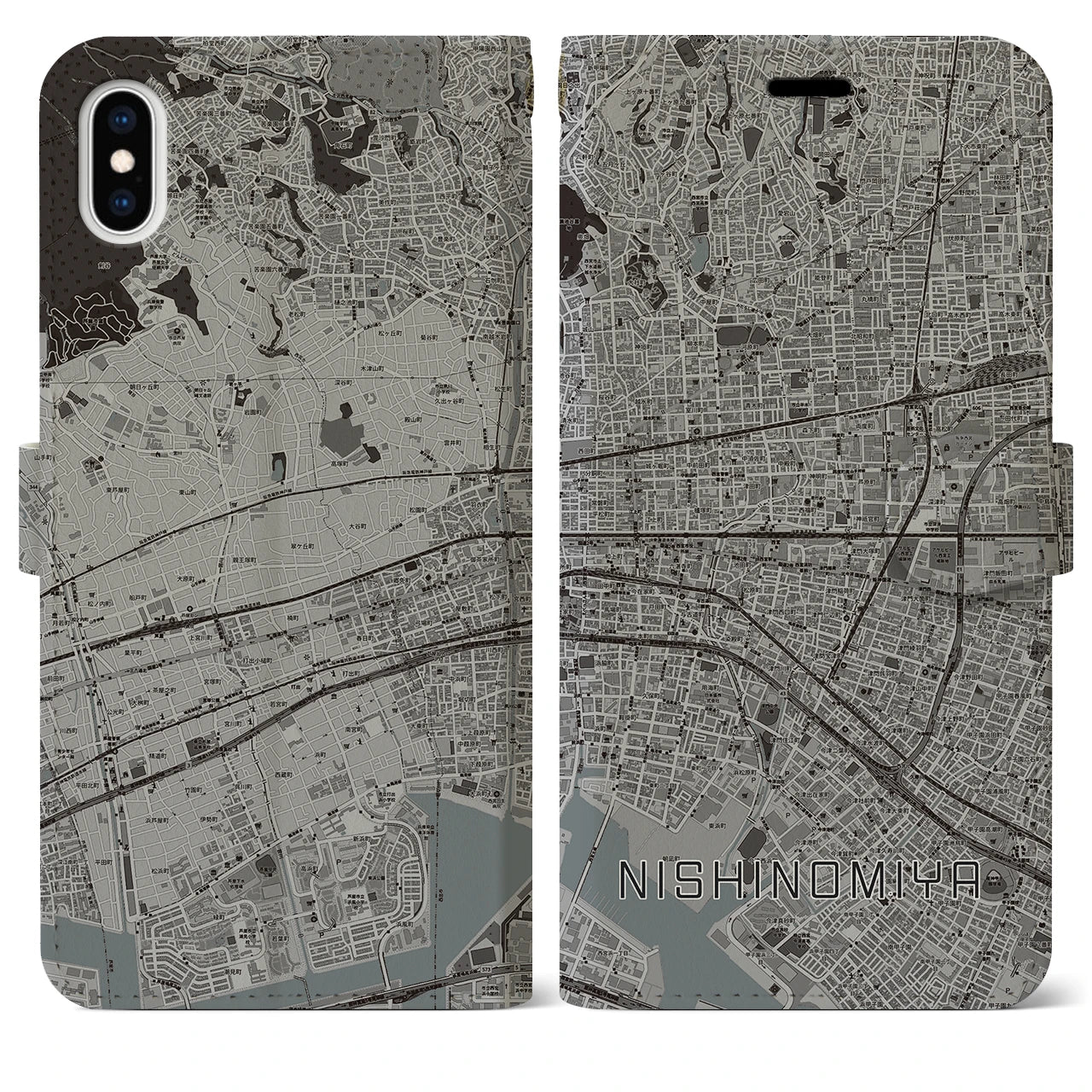 【西宮(兵庫県)】地図柄iPhoneケース(手帳タイプ)モノトーン・iPhone XS Max 用