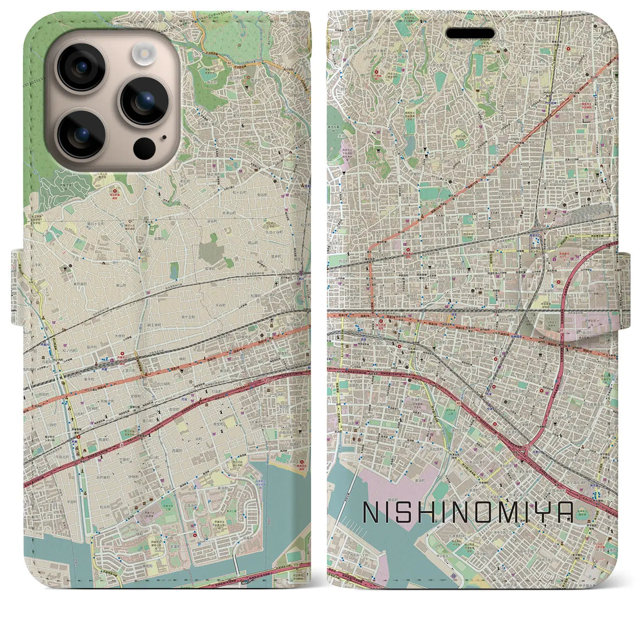 【西宮(兵庫県)】地図柄iPhoneケース(手帳タイプ)ナチュラル・iPhone 16 Plus 用