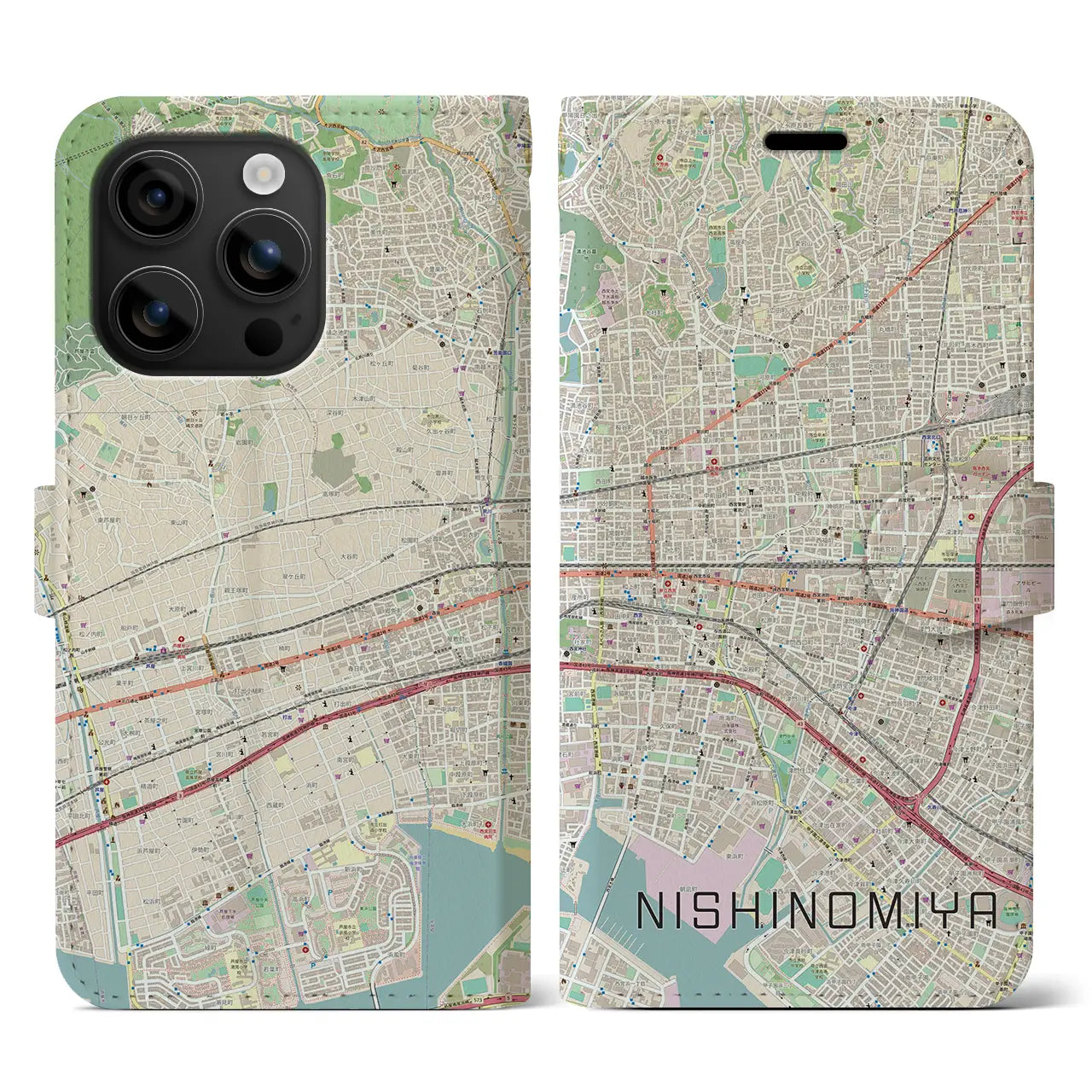 【西宮(兵庫県)】地図柄iPhoneケース(手帳タイプ)ナチュラル・iPhone 16 用