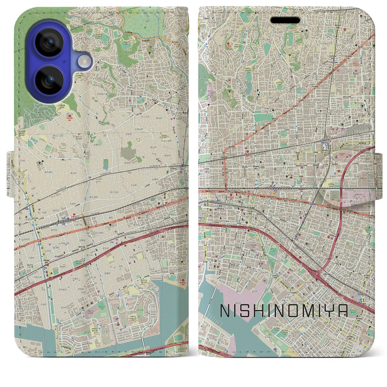 【西宮(兵庫県)】地図柄iPhoneケース(手帳タイプ)ナチュラル・iPhone 16 Pro Max 用
