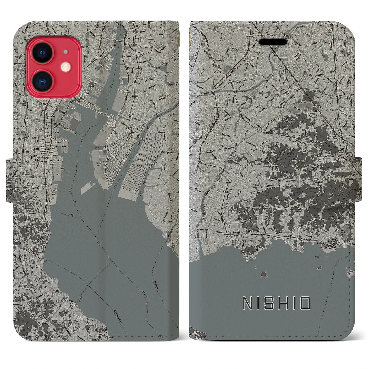 【西尾2(愛知県)】地図柄iPhoneケース(手帳タイプ)モノトーン・iPhone 11 用