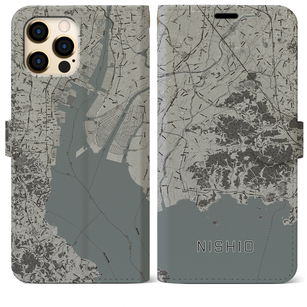 【西尾2(愛知県)】地図柄iPhoneケース(手帳タイプ)モノトーン・iPhone 12 Pro Max 用
