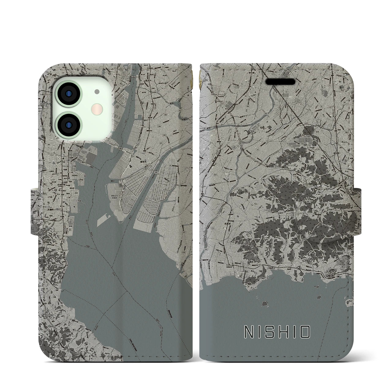 【西尾2(愛知県)】地図柄iPhoneケース(手帳タイプ)モノトーン・iPhone 12 mini 用