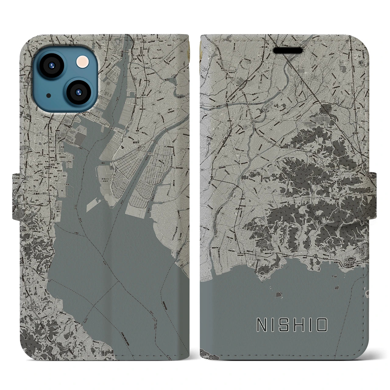 【西尾2(愛知県)】地図柄iPhoneケース(手帳タイプ)モノトーン・iPhone 13 用