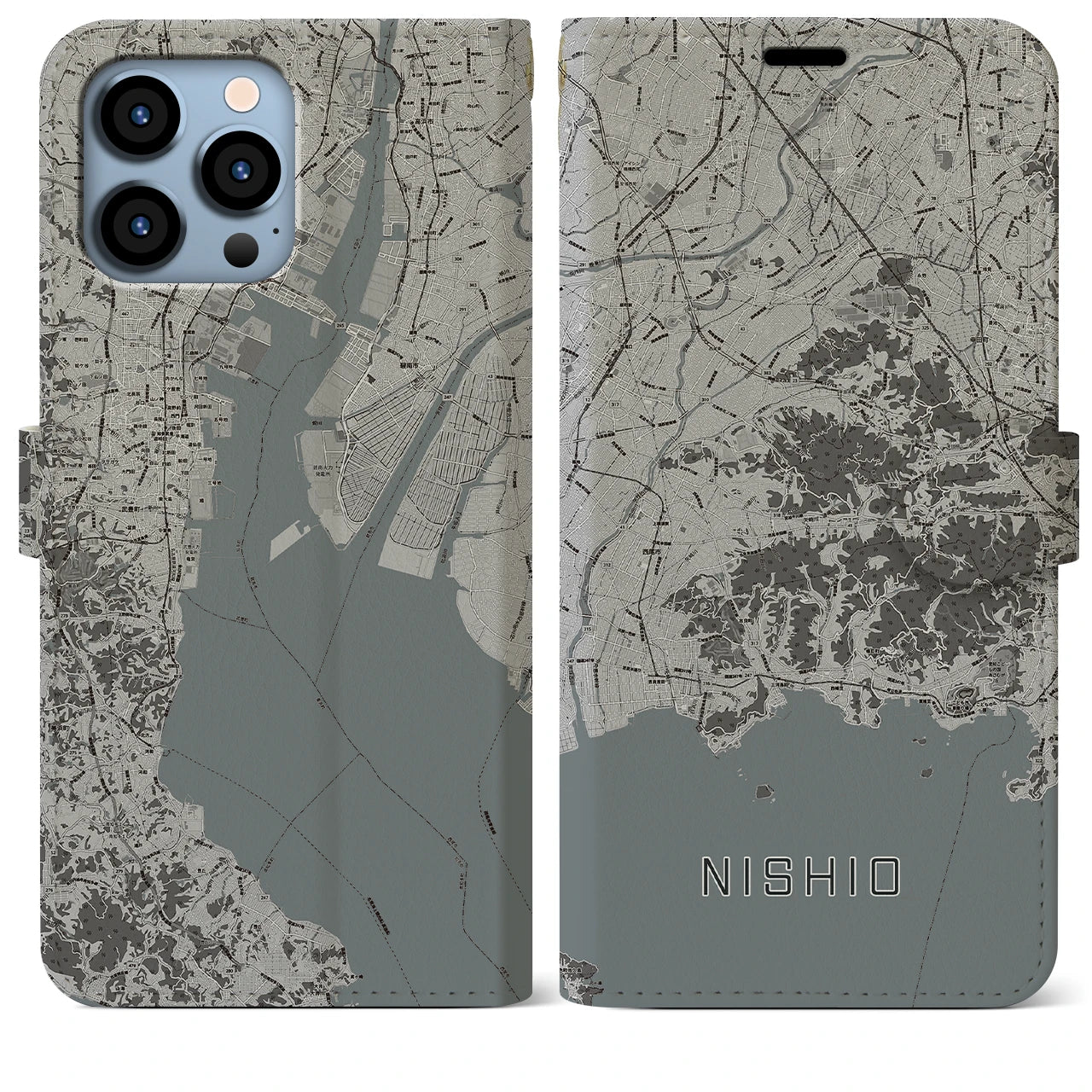 【西尾2(愛知県)】地図柄iPhoneケース(手帳タイプ)モノトーン・iPhone 13 Pro Max 用