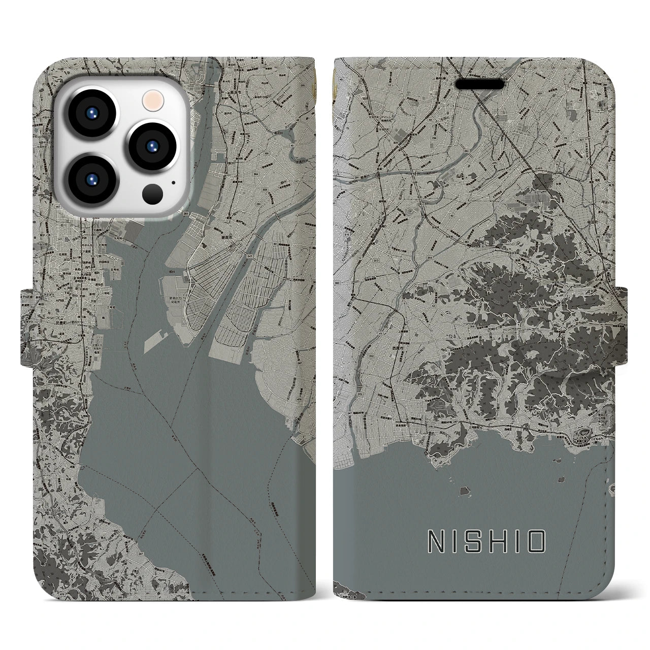 【西尾2(愛知県)】地図柄iPhoneケース(手帳タイプ)モノトーン・iPhone 13 Pro 用
