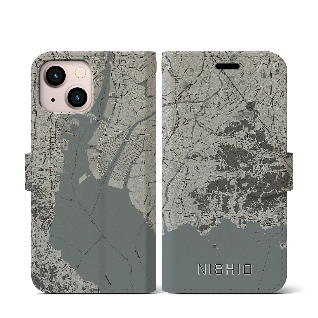 【西尾2(愛知県)】地図柄iPhoneケース(手帳タイプ)モノトーン・iPhone 13 mini 用