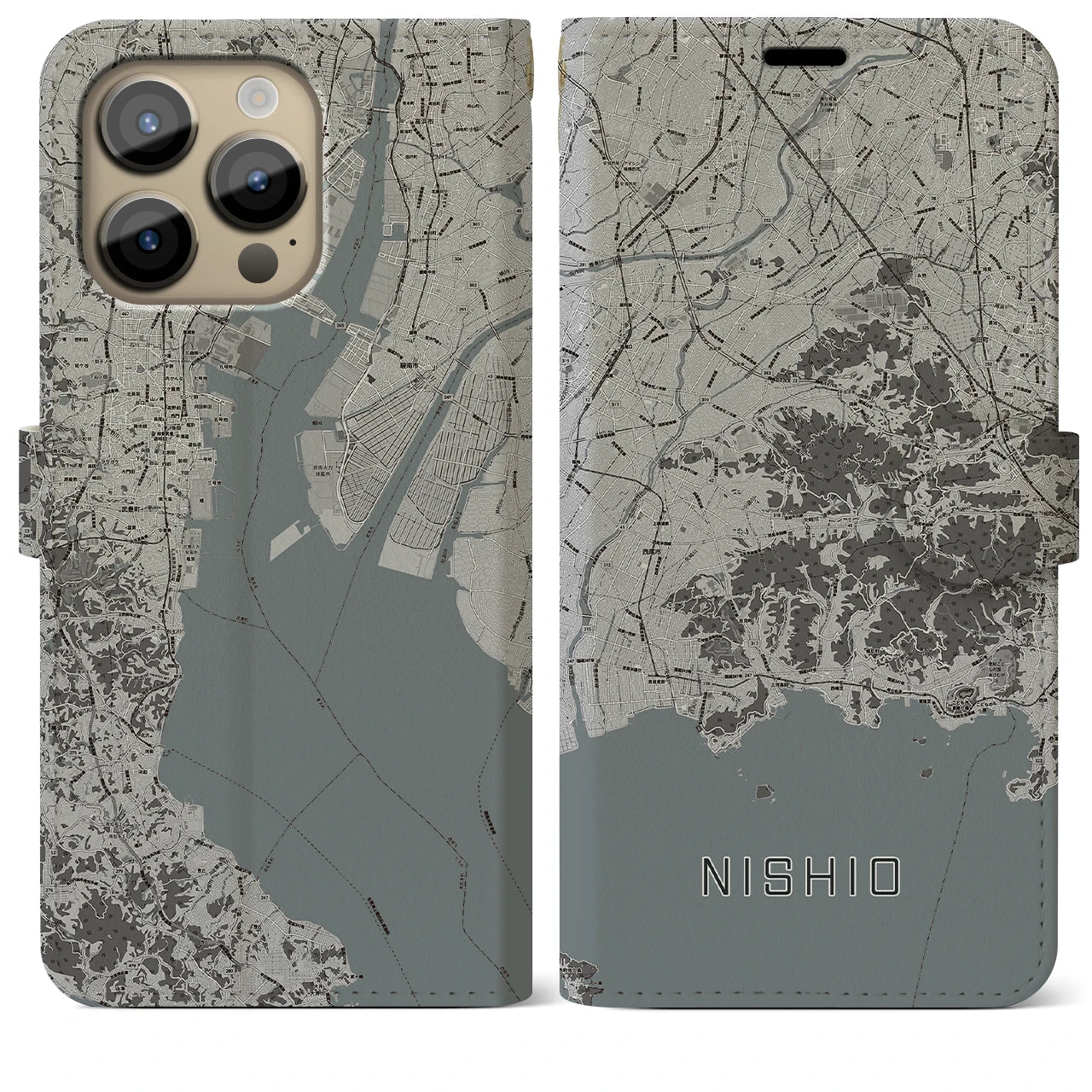 【西尾2(愛知県)】地図柄iPhoneケース(手帳タイプ)モノトーン・iPhone 14 Pro Max 用