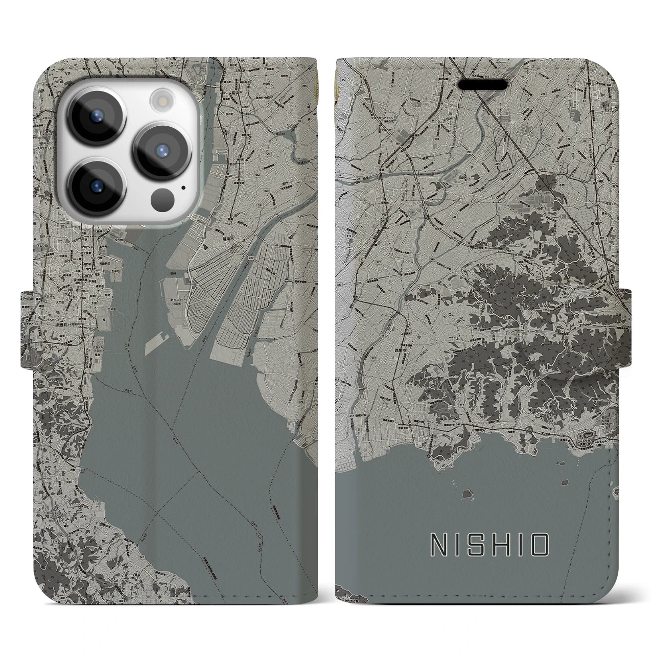 【西尾2(愛知県)】地図柄iPhoneケース(手帳タイプ)モノトーン・iPhone 14 Pro 用