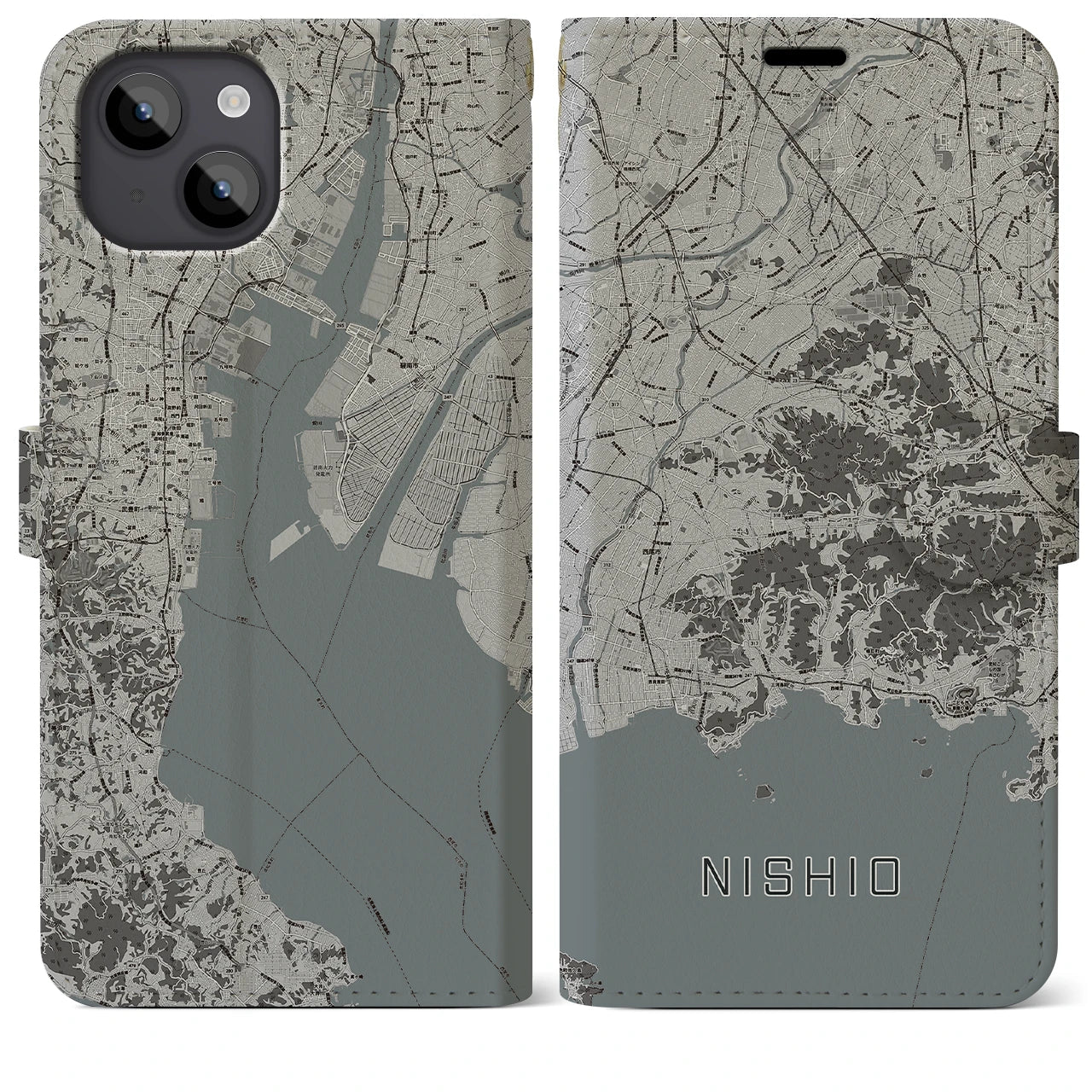 【西尾2(愛知県)】地図柄iPhoneケース(手帳タイプ)モノトーン・iPhone 14 Plus 用