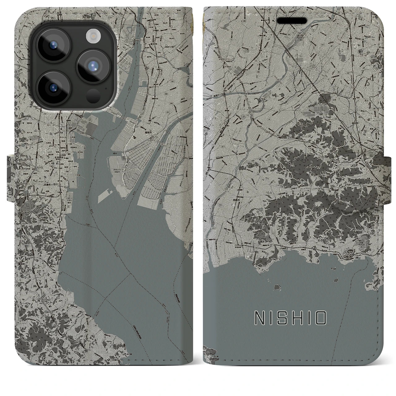 【西尾2(愛知県)】地図柄iPhoneケース(手帳タイプ)モノトーン・iPhone 15 Pro Max 用