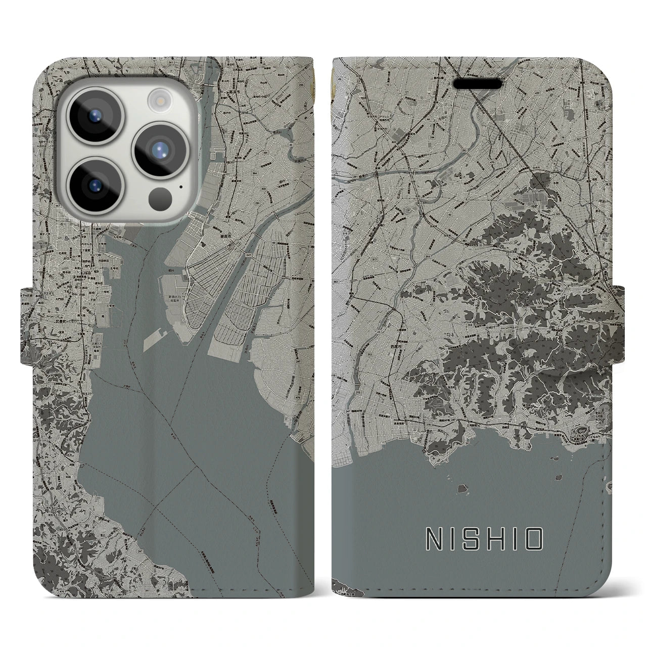 【西尾2(愛知県)】地図柄iPhoneケース(手帳タイプ)モノトーン・iPhone 15 Pro 用