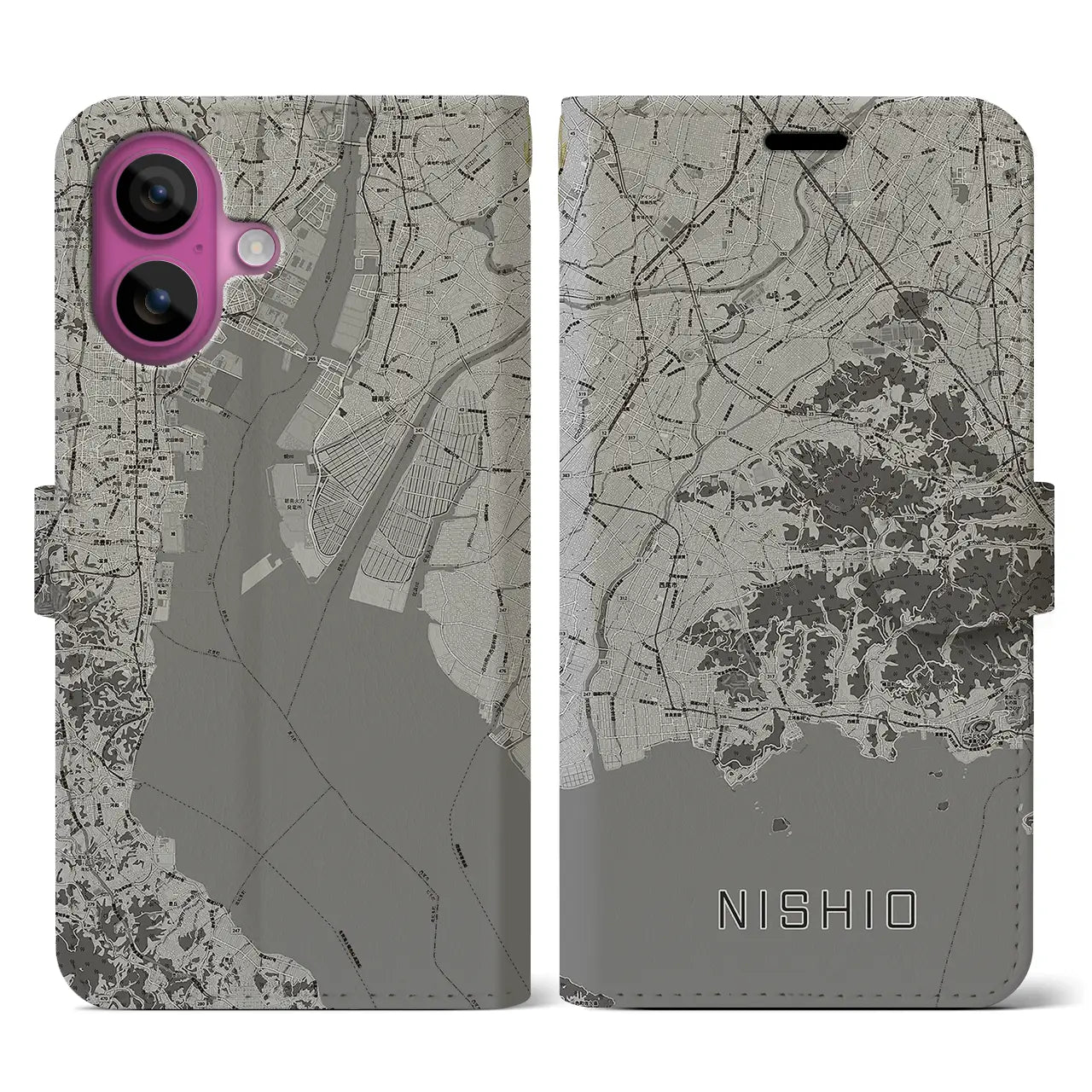 【西尾2(愛知県)】地図柄iPhoneケース(手帳タイプ)モノトーン・iPhone 16 Pro 用