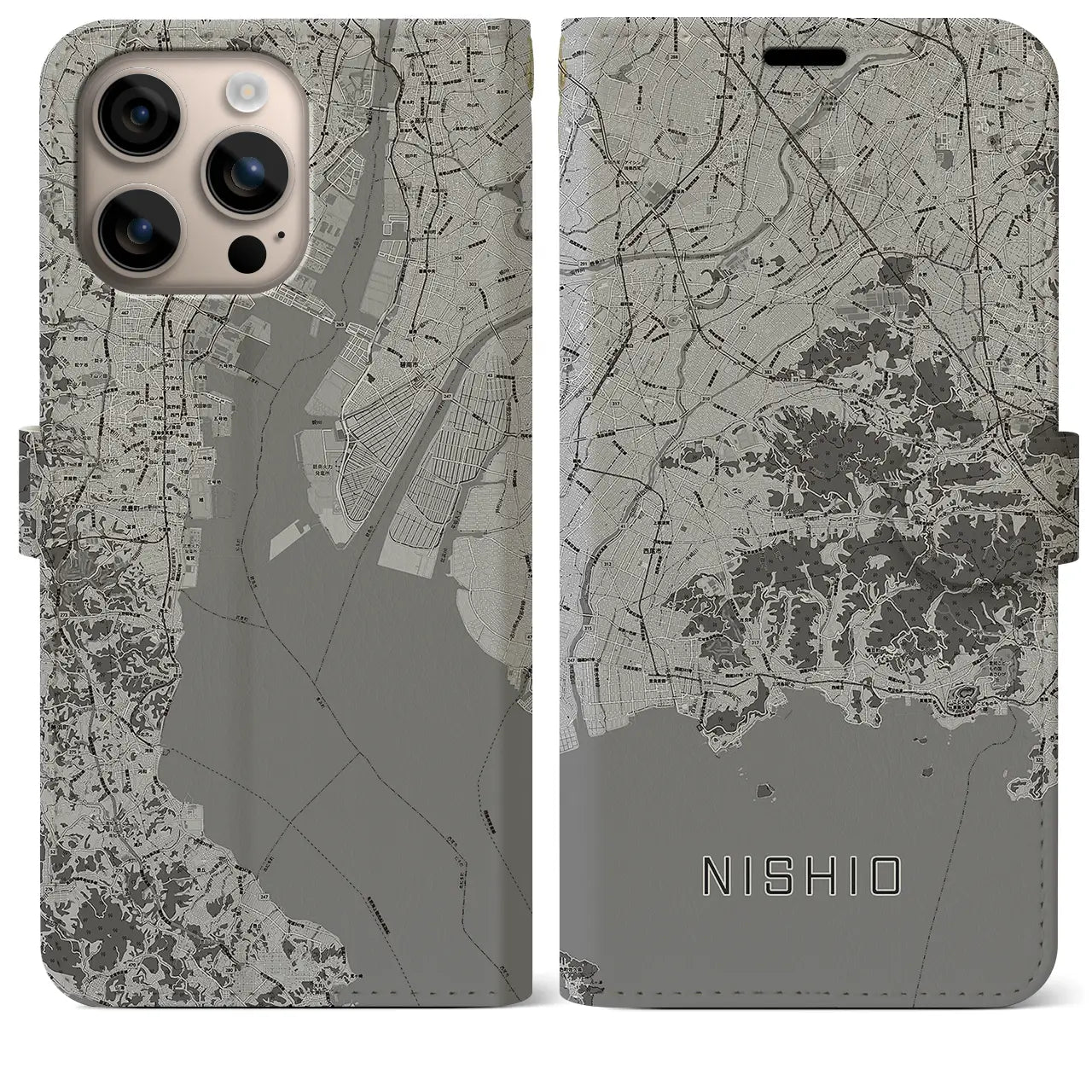 【西尾2(愛知県)】地図柄iPhoneケース(手帳タイプ)モノトーン・iPhone 16 Plus 用