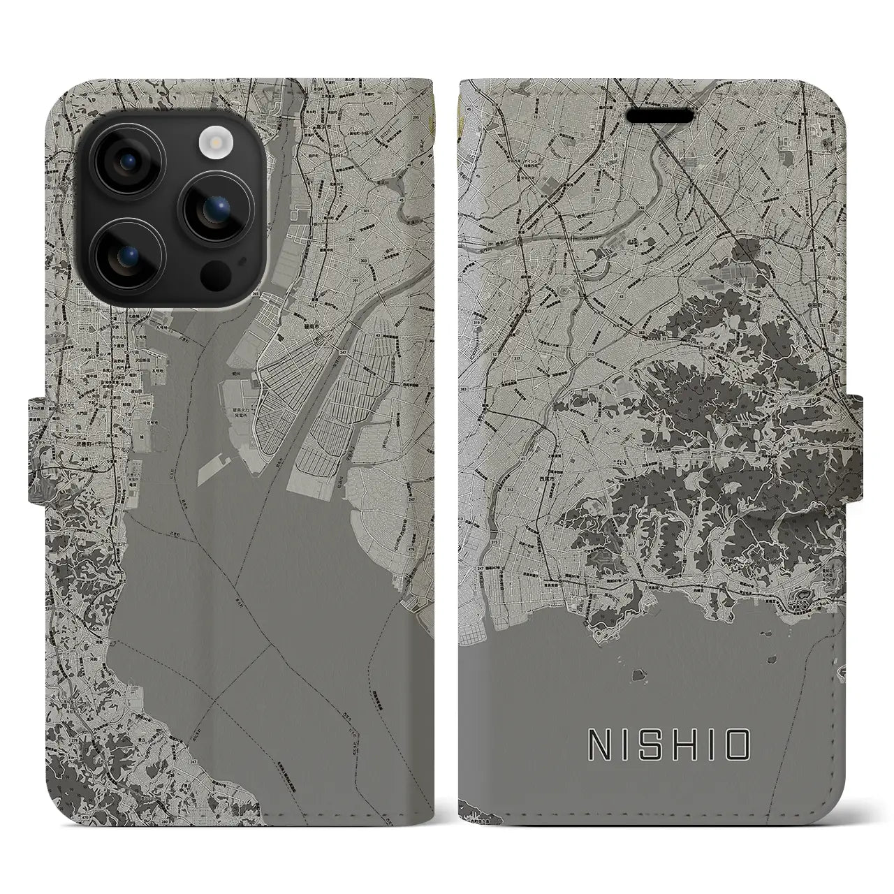 【西尾2(愛知県)】地図柄iPhoneケース(手帳タイプ)モノトーン・iPhone 16 用