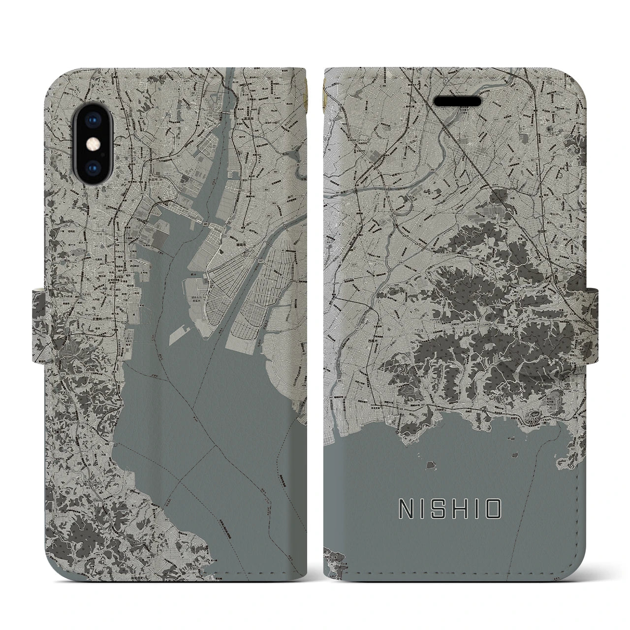 【西尾2(愛知県)】地図柄iPhoneケース(手帳タイプ)モノトーン・iPhone XS / X 用