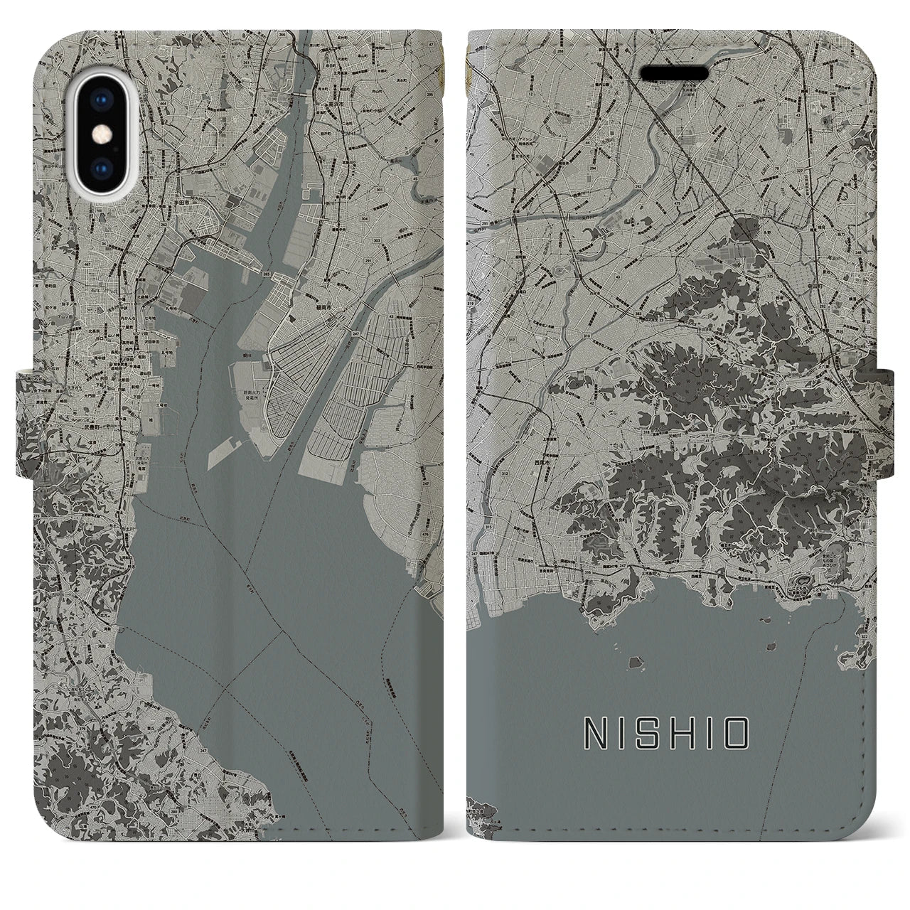 【西尾2(愛知県)】地図柄iPhoneケース(手帳タイプ)モノトーン・iPhone XS Max 用