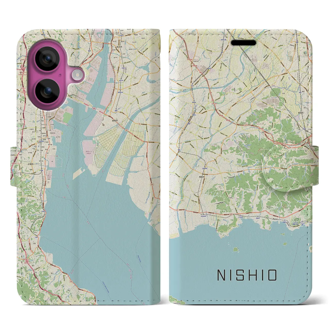 【西尾2(愛知県)】地図柄iPhoneケース(手帳タイプ)ナチュラル・iPhone 16 Pro 用