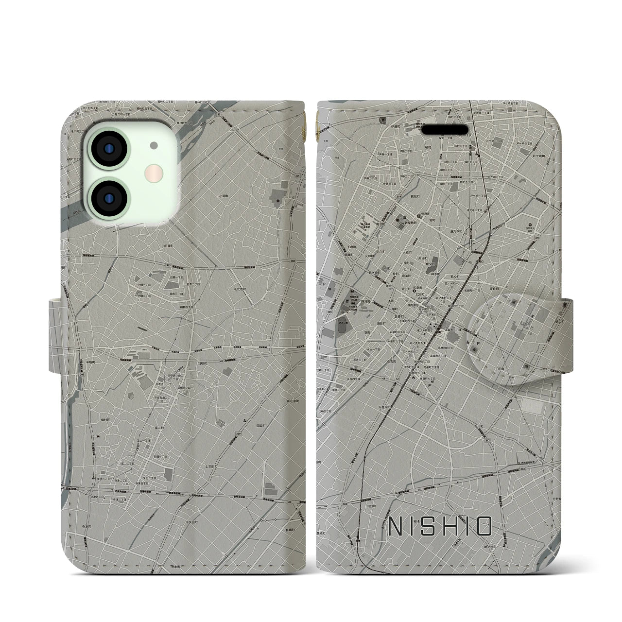 【西尾(愛知県)】地図柄iPhoneケース(手帳タイプ)モノトーン・iPhone 12 mini 用