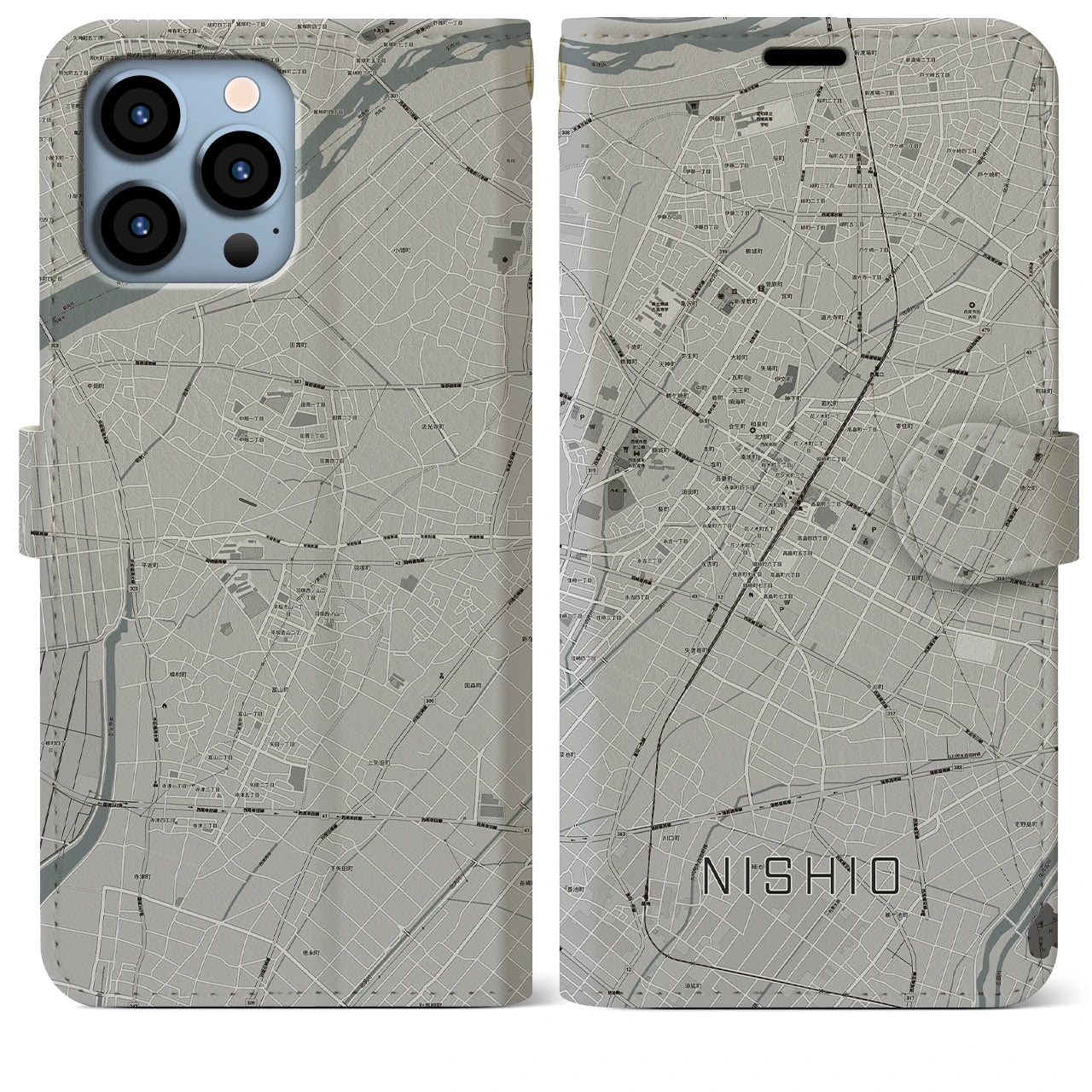 【西尾(愛知県)】地図柄iPhoneケース(手帳タイプ)モノトーン・iPhone 13 Pro Max 用