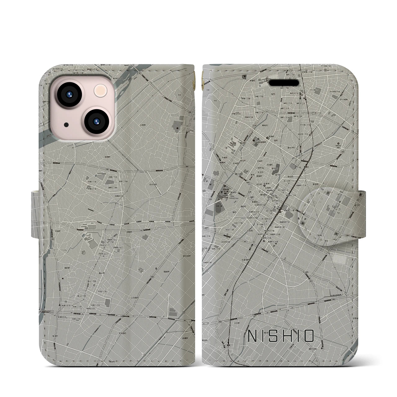 【西尾(愛知県)】地図柄iPhoneケース(手帳タイプ)モノトーン・iPhone 13 mini 用