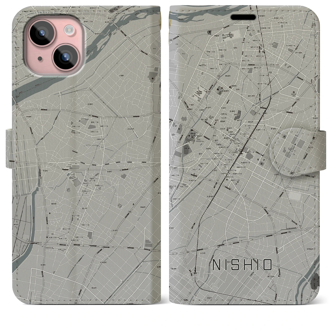 【西尾(愛知県)】地図柄iPhoneケース(手帳タイプ)モノトーン・iPhone 15 Plus 用