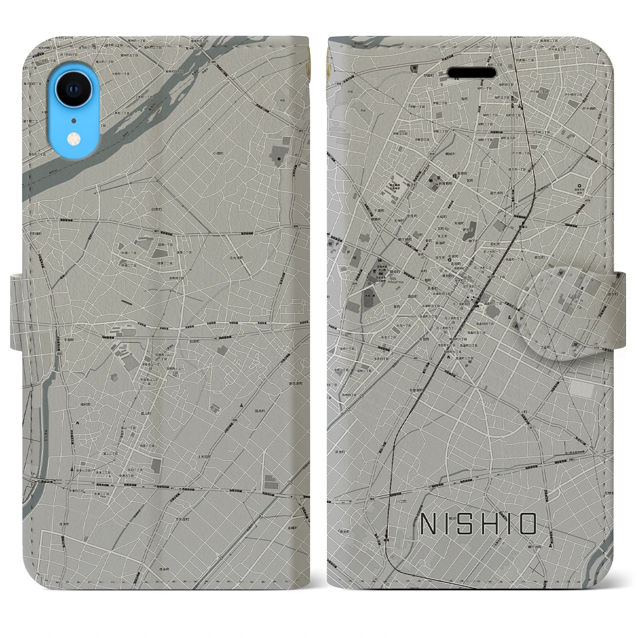 【西尾(愛知県)】地図柄iPhoneケース(手帳タイプ)モノトーン・iPhone XR 用