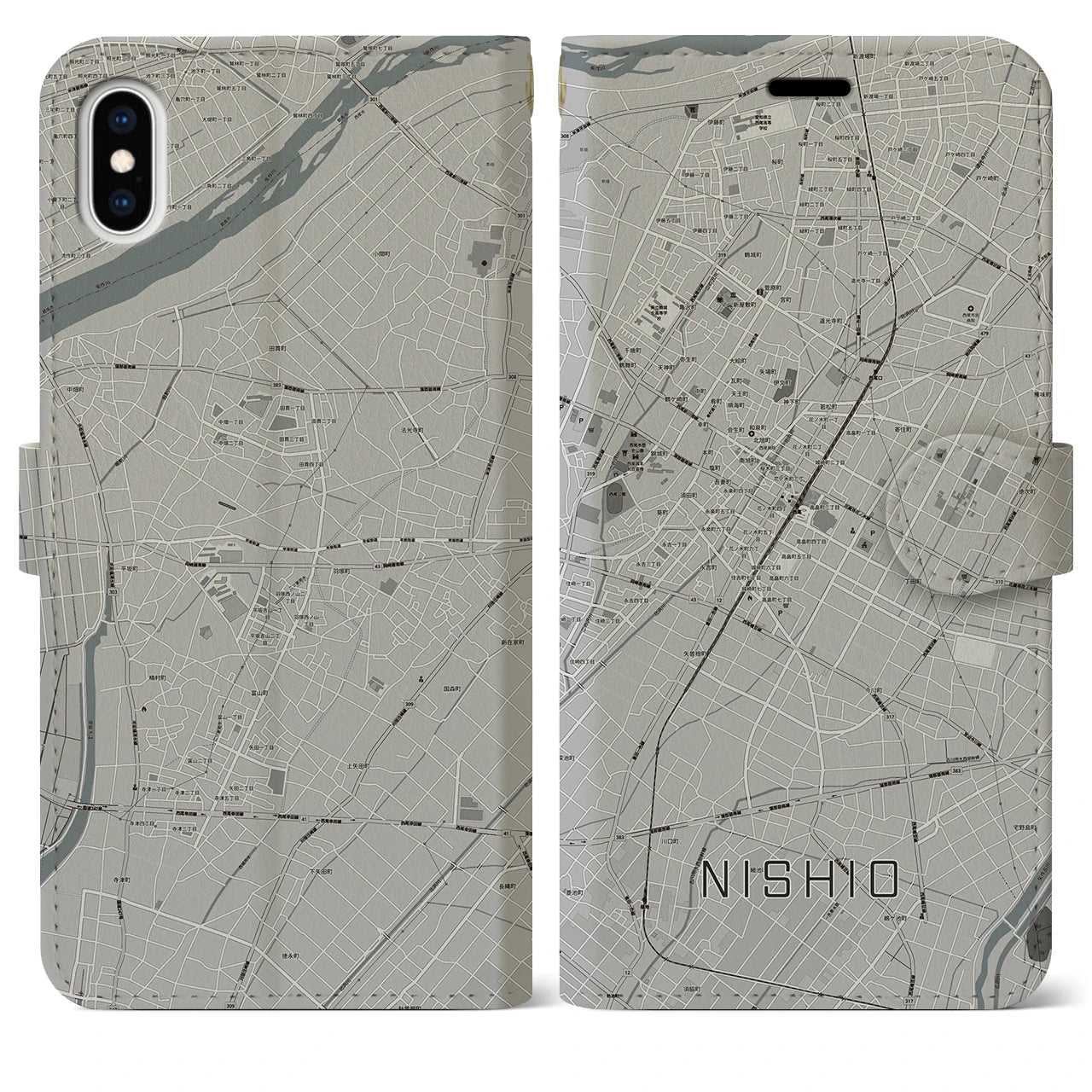 【西尾(愛知県)】地図柄iPhoneケース(手帳タイプ)モノトーン・iPhone XS Max 用