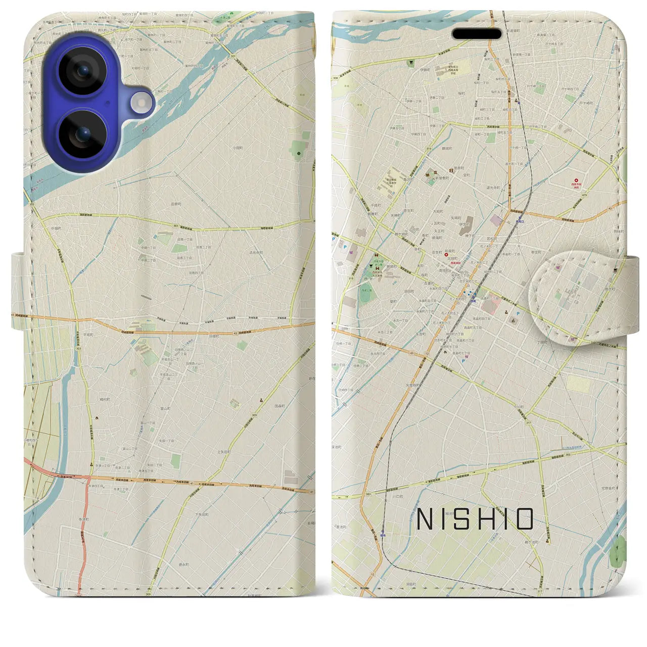 【西尾(愛知県)】地図柄iPhoneケース(手帳タイプ)ナチュラル・iPhone 16 Pro Max 用