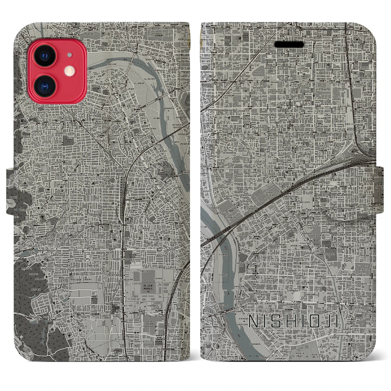 【西大路(京都府)】地図柄iPhoneケース(手帳タイプ)モノトーン・iPhone 11 用