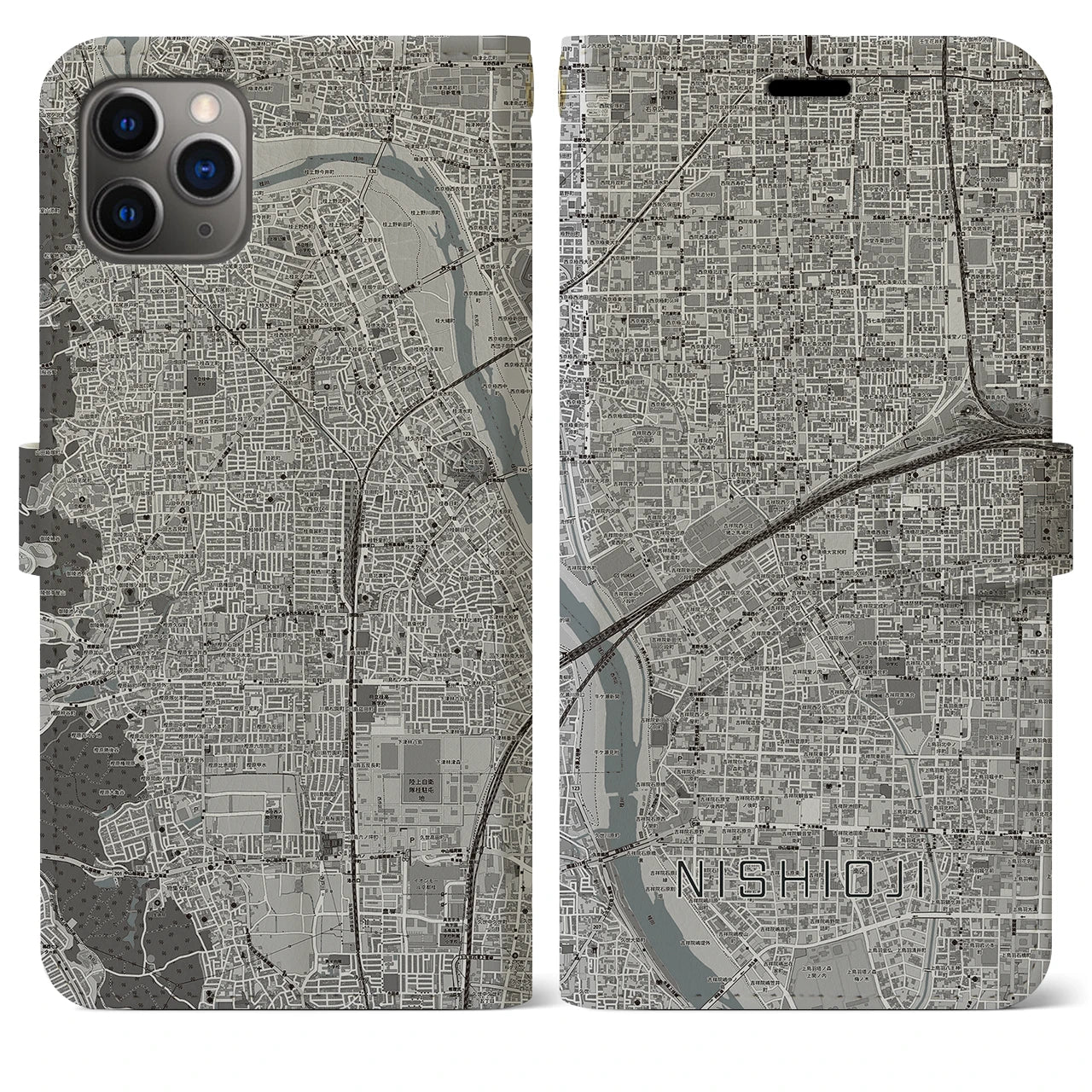【西大路(京都府)】地図柄iPhoneケース(手帳タイプ)モノトーン・iPhone 11 Pro Max 用