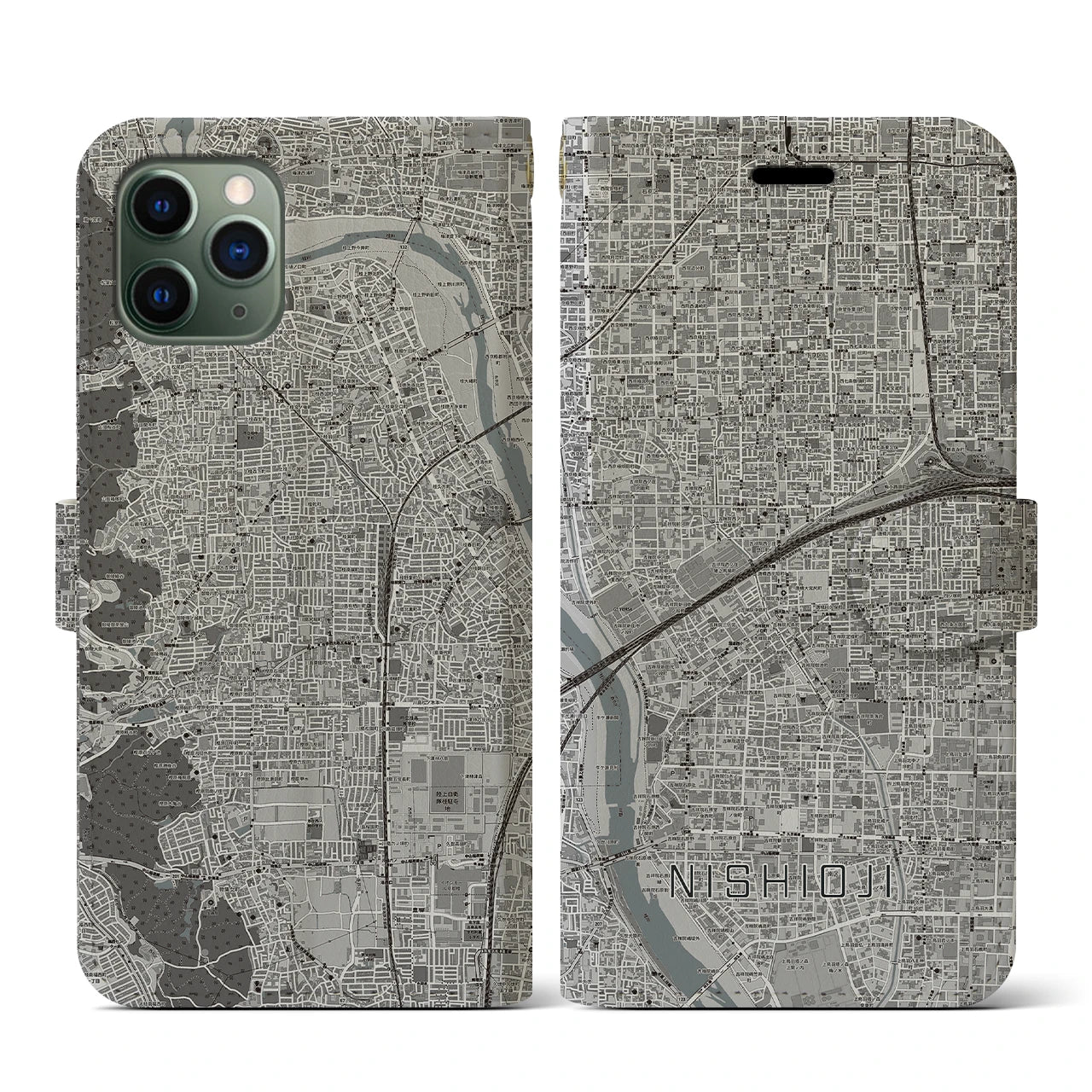 【西大路(京都府)】地図柄iPhoneケース(手帳タイプ)モノトーン・iPhone 11 Pro 用