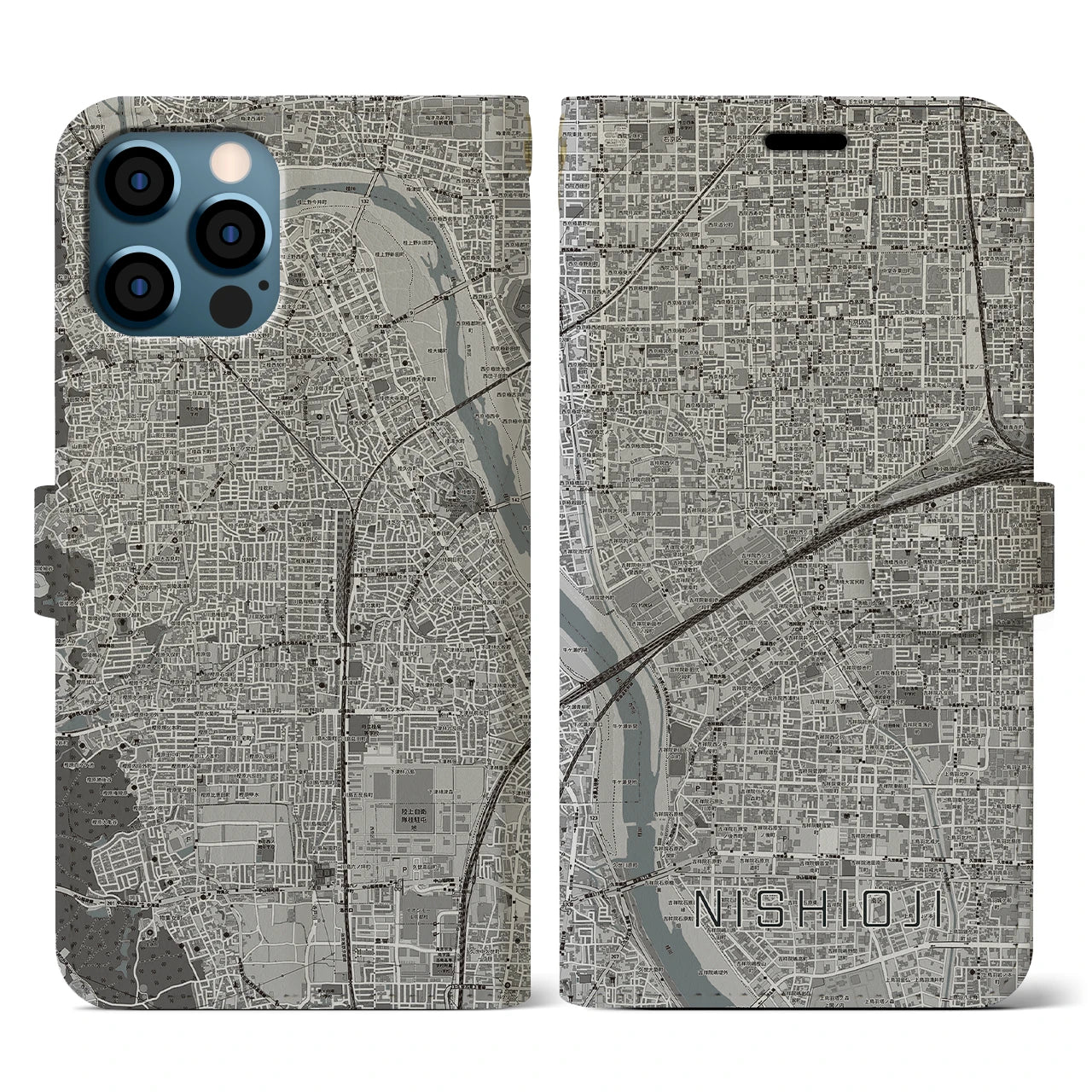 【西大路(京都府)】地図柄iPhoneケース(手帳タイプ)モノトーン・iPhone 12 / 12 Pro 用